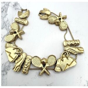 Vintage Tennis Sliding Charm Bracelet Gold Tone 1995 Signed Tofa BG 7"
